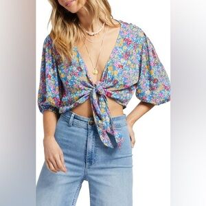 Billabong As You Wish Floral Tie Front Crop Blouse In Seaside Size Small NWT‎